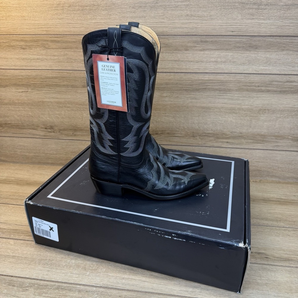 Lucchese Black Leather Cow Vamp Stitch Western Boots Snip Toe New In Box